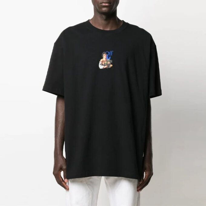21SS Painting Blue Arrow Cartoon Short Sleeve Loose Fit Black