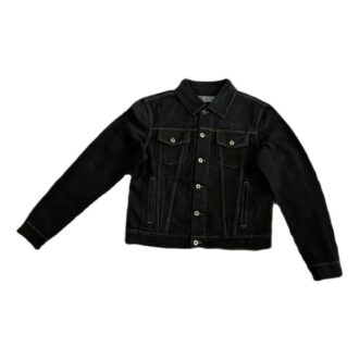 Alphabet Patterned Turn Down Collar Denim Jacket “Black”