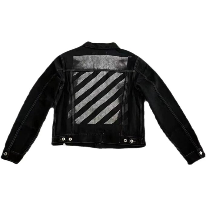 Alphabet Patterned Turn Down Collar Denim Jacket “Black”