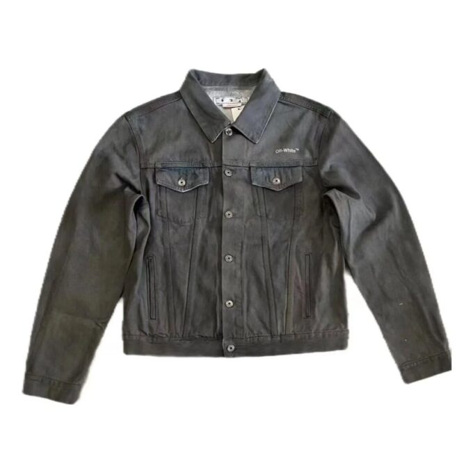 Alphabet Patterned Turn Down Collar Denim Jacket “Grey”