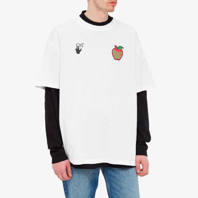 Apple Printing Short Sleeves Relaxed Fit Mens White