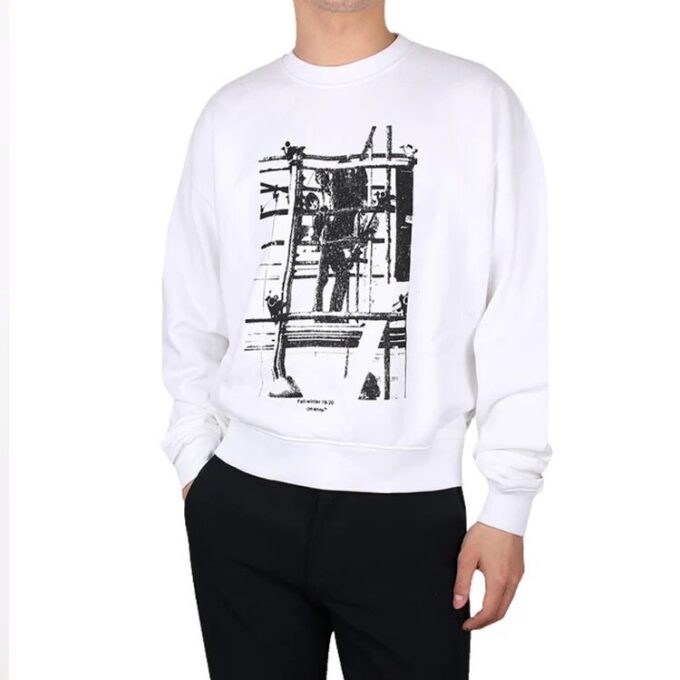 Arrow Pattern Printing Cotton Round Neck Long Sleeves White