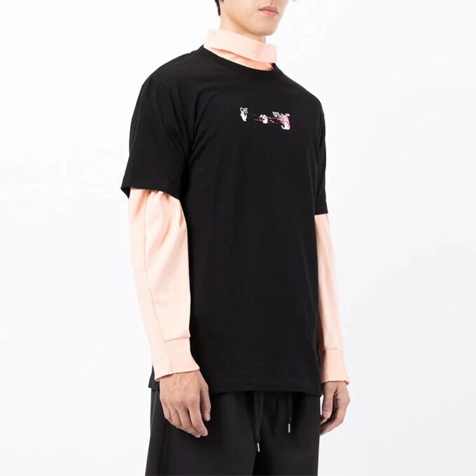 Arrow Pattern Round Neck Tee “Black White Pink”