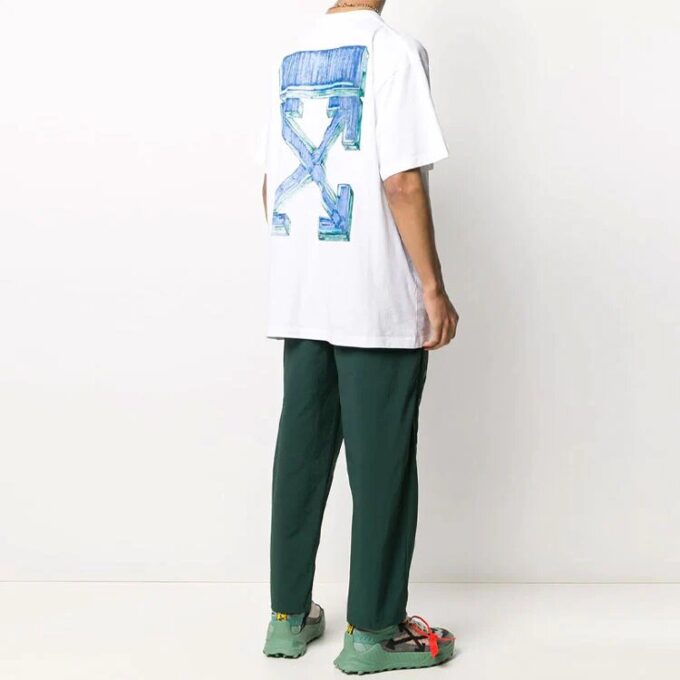 Back Arrow Pattern Printing Round Neck Short Sleeve Loose Fit White