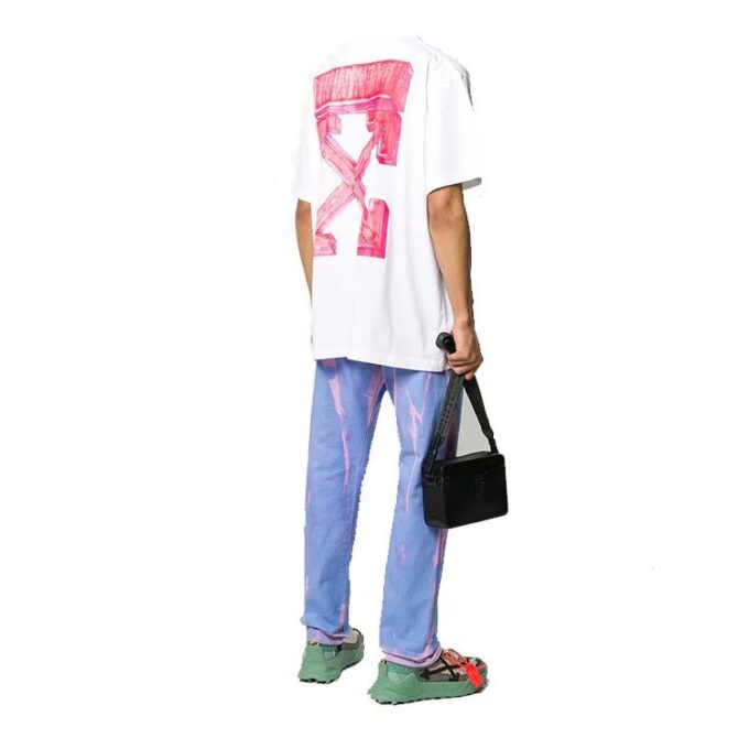 Back Arrow Printing Pattern Round Neck Short Sleeve Loose Fit White