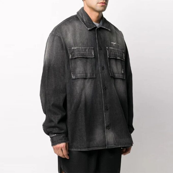 Big Pocket Long Sleeves Denim Jacket Loose Fit Gray