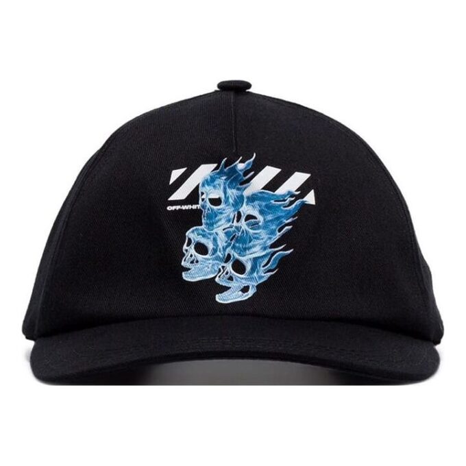Black/Blue Flame Skull Applique Hat Men’ s Black