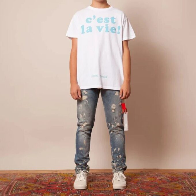 Blue Slogan Arrow Short Sleeve White