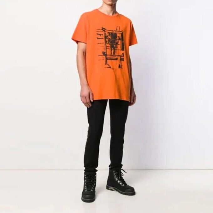 Cotton Arrow Pattern Printing Round Neck Short Sleeve Orange