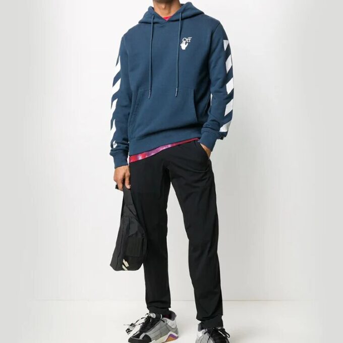 Diagonal Stripes Printing Hooded Pullover Men Blue