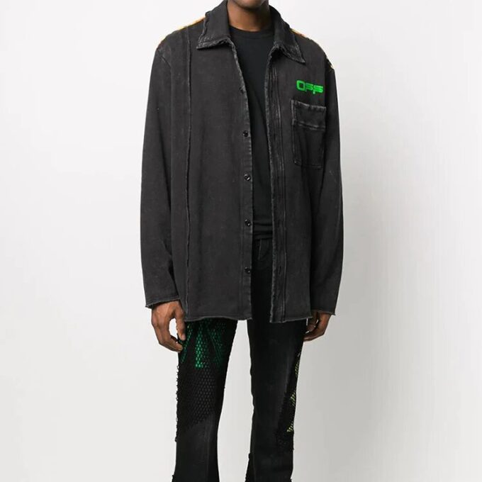Distressed Printing Denim Jacket Men Black
