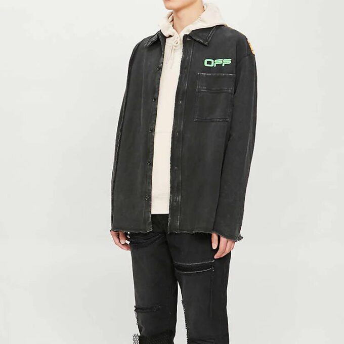 Distressed Printing Denim Jacket Men Black