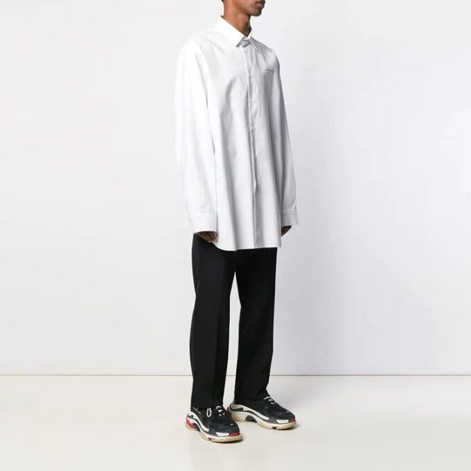 Embroidered Pattern Solid Color Long Sleeves Shirt Loose Fit White