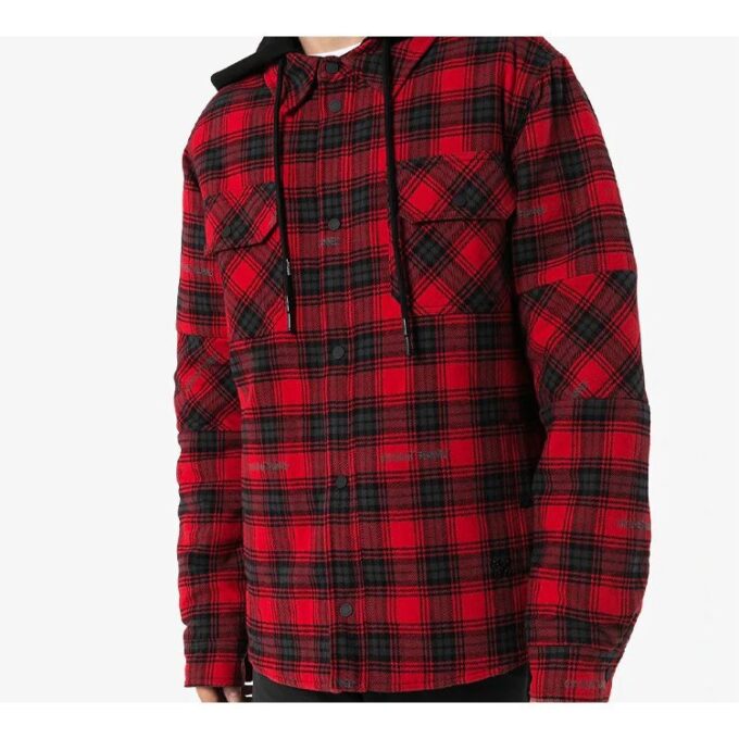 flannel hooded Plaid Shirt Jacket Red