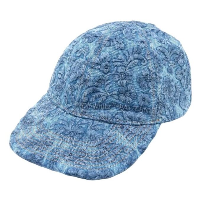 Floral-Embroidered Denim Cap