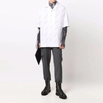 Full Print Short Sleeve Button Shirt Loose Fit White