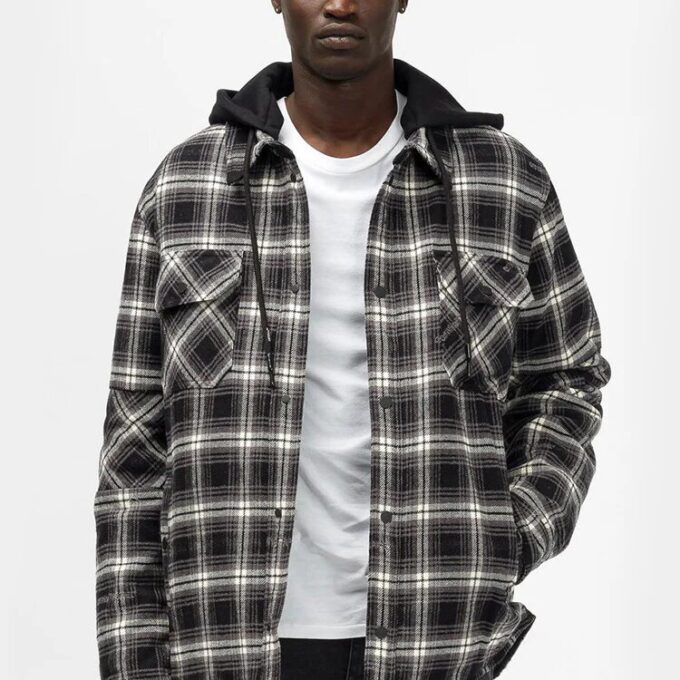 FW20 Plaid Hooded Long-sleeve Coat Men’ s Black
