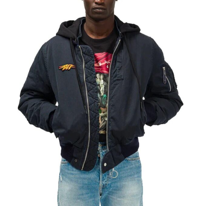 FW20 Stencil Vintage Applique Hooded Long-sleeve Jacket Men’ s Navy Blue