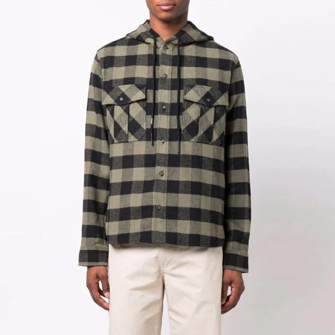 FW21 Arrow Pattern Logo Printing Plaid hooded Long Sleeves Shirt Version Green