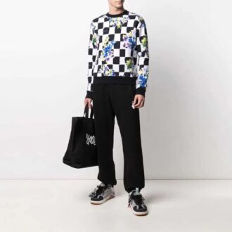 FW21 Flowers Printing Plaid Round Neck Pullover Version Black