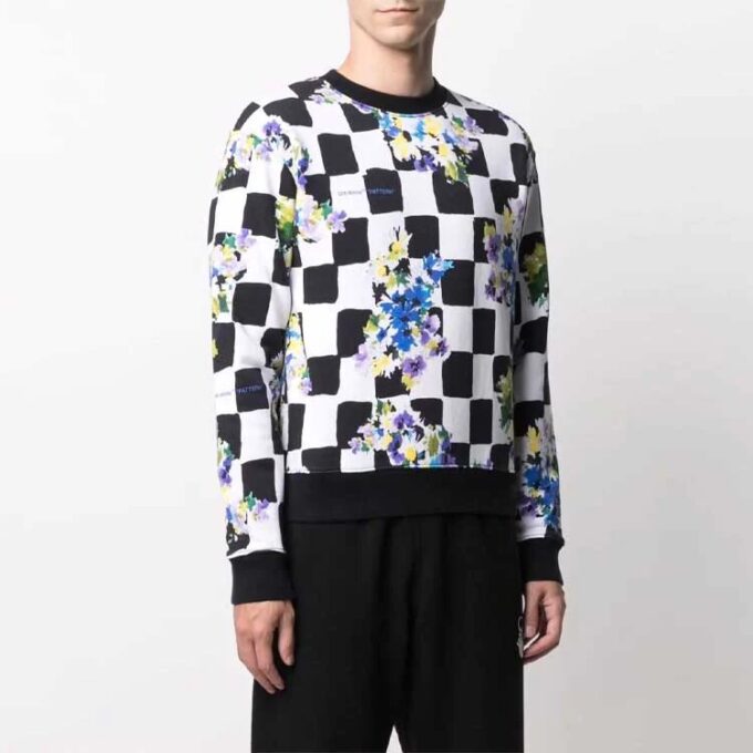 FW21 Flowers Printing Plaid Round Neck Pullover Version Black