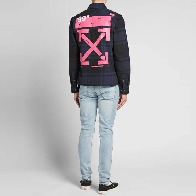 FW21 Pink Red Arrow Plaid Pattern Long Sleeves Shirt Loose Fit Navy Blue
