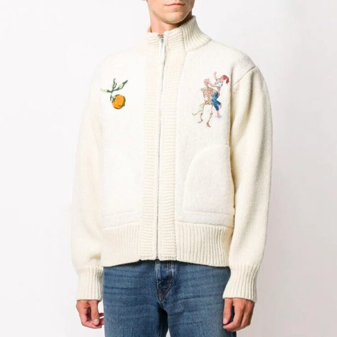 Knit Pattern aviator Solid Color Jacket Creamy White