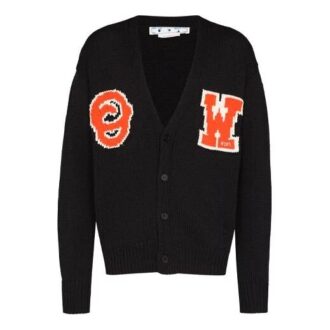 Logo Intarsia V neck single breasted Knit Cardigan Loose Fit Black