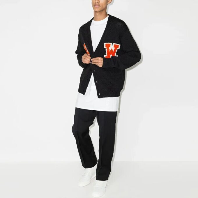 Logo Intarsia V neck single breasted Knit Cardigan Loose Fit Black