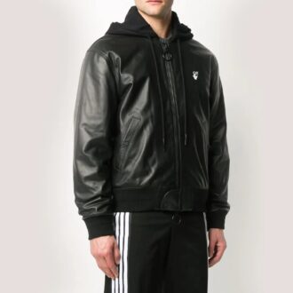 Logo Print Leather Bomber Jacket
