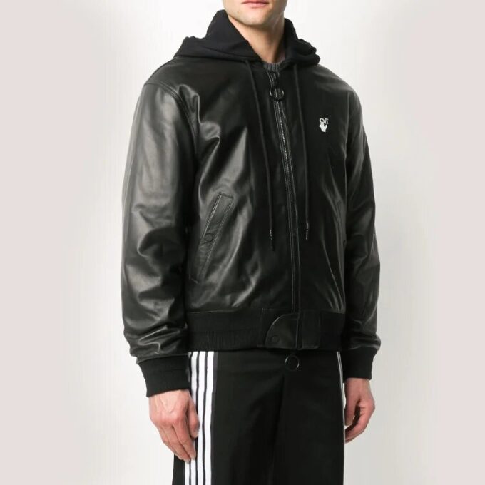 Logo Print Leather Bomber Jacket