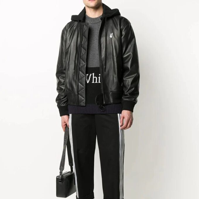 Logo Print Leather Bomber Jacket