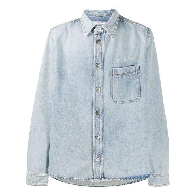 Logo Printed Long-Sleeve Denim Shirt Men Blue