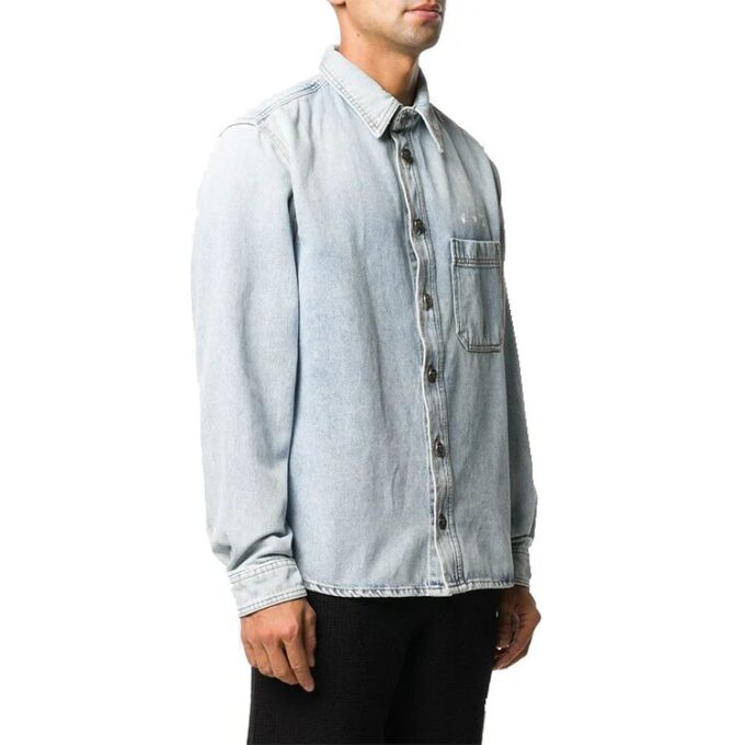 Logo Printed Long-Sleeve Denim Shirt Men Blue