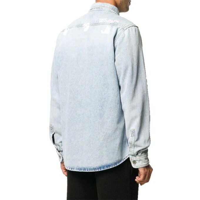 Logo Printed Long-Sleeve Denim Shirt Men Blue