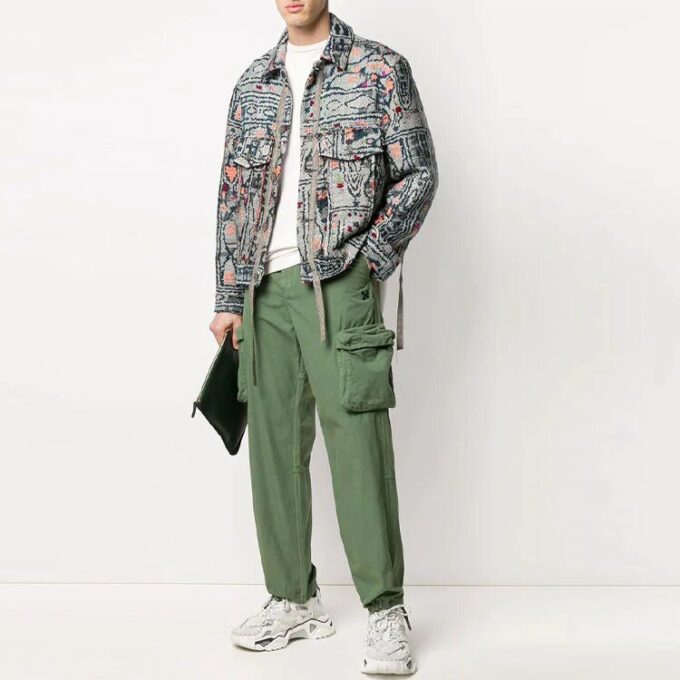 Multiple Pockets Bundle Feet Straight Long Pants Loose Fit Green
