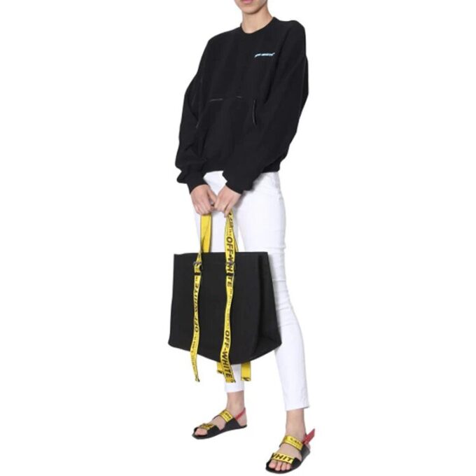 Off-White Black Logo Round Neck Pullover Hoodie Black