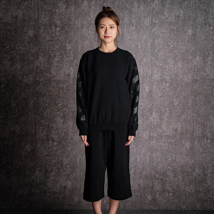 Off-White Casual Fleece Lined Logo Arrow Cotton Pullover Round Neck Black Hoodie