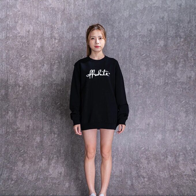 Off-White Cotton Printing Round Neck Pullover Black Hoodie