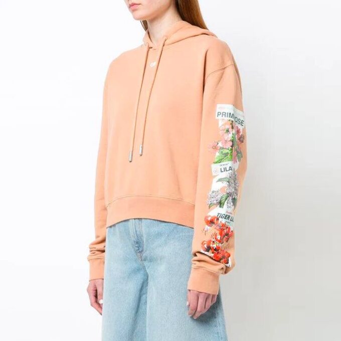 Off-White Flowers Printing Hoodie Loose Fit Pink Red