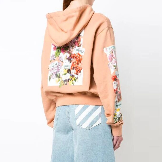Off-White Flowers Printing Hoodie Loose Fit Pink Red