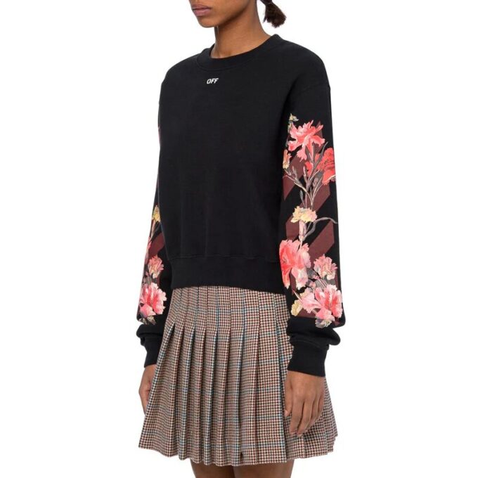 Off-White Logo Flowers Printing Long Sleeves Hoodie Black