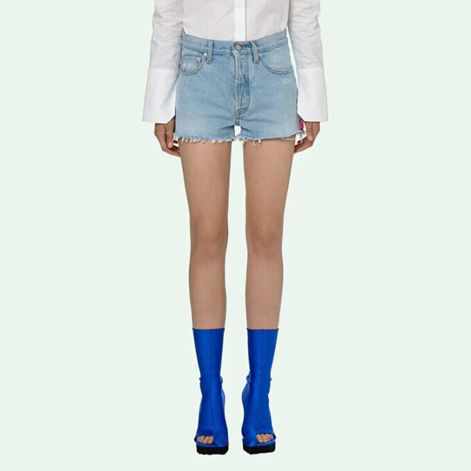 Off-White Logo Washed Denim Shorts Ordinary Version Blue