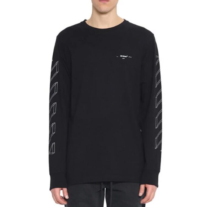 Off-White Men’ s 3D Printing Hollow Out Arrow Long Sleeves Black T-Shirt