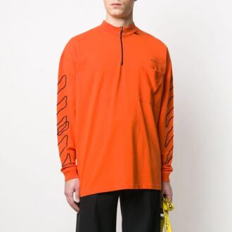 Off-White Men’ s Abstract Logo Printing Half Zipper Round Neck Loose Fit Orange