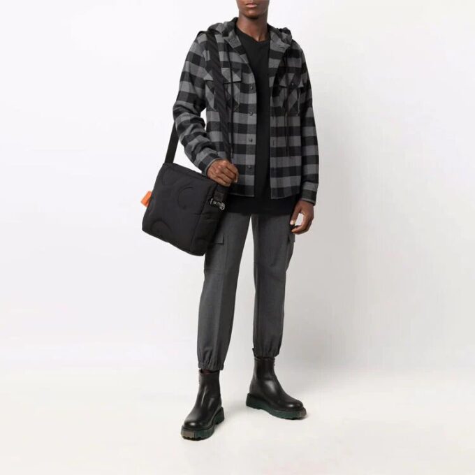Off-White Men’ s Arrow Flannel Plaid Crossover Long Sleeves Black Shirt