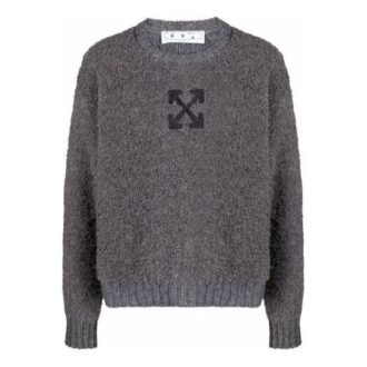 Off-White Men’ s Arrow Pattern Logo Jacquard Solid Color Wool Sweater Gray