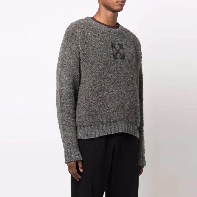 Off-White Men’ s Arrow Pattern Logo Jacquard Solid Color Wool Sweater Gray