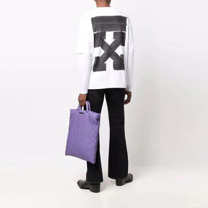Off-White Men’ s Arrow Pattern Printing Double Layer Sleeve Long Sleeves Loose Fit White T-Shirt