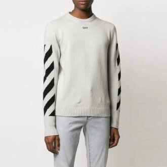 Off-White Men’ s Arrows Diagonal Stripes Intarsia Pullover Wool Sweater Slim Fit White